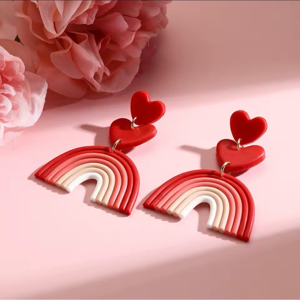 Heart & Rainbow 3 Tier Dangle Stud - Handmade Earrings - Valentine’s Day